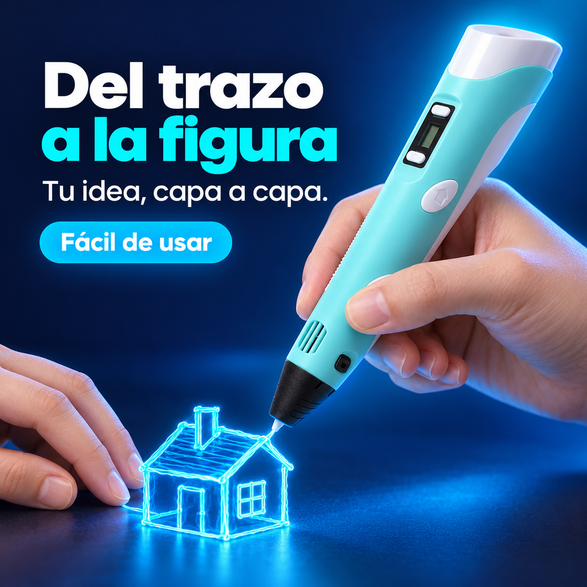 Punta del bolígrafo 3D NEXOsens dibujando una pequeña figura en 3D, con el texto «Del trazo a la figura»