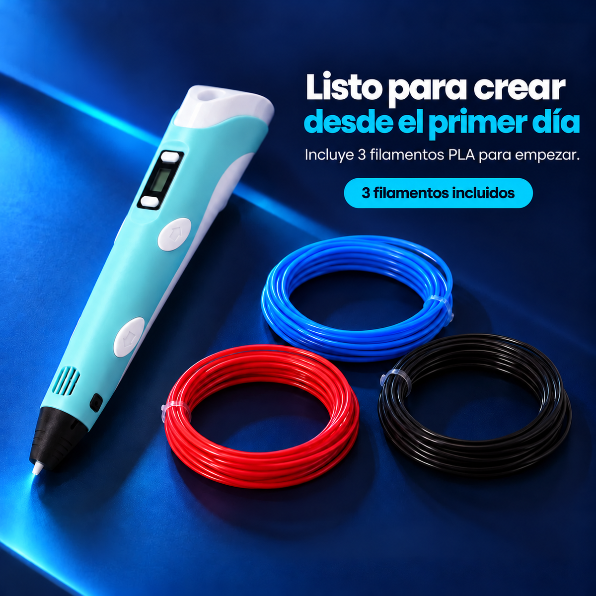Bolígrafo 3D NEXOsens junto a tres filamentos PLA incluidos, con el texto «Listo para crear desde el primer día»