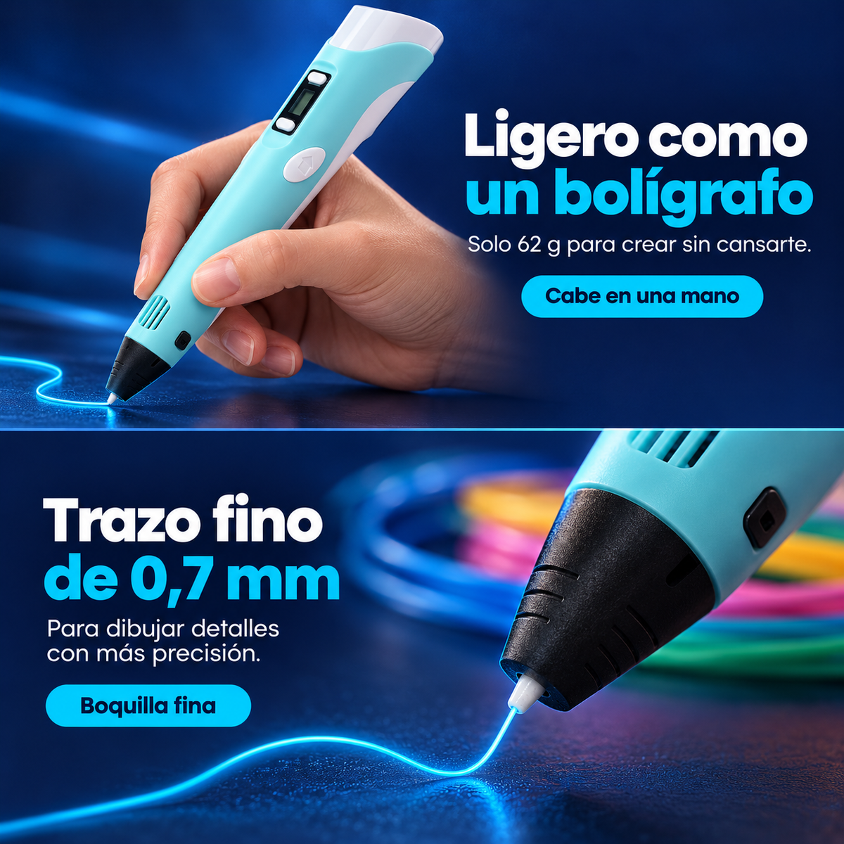 Mano sujetando el bolígrafo 3D NEXOsens, ligero y cómodo, con el texto «Ligero como un bolígrafo»