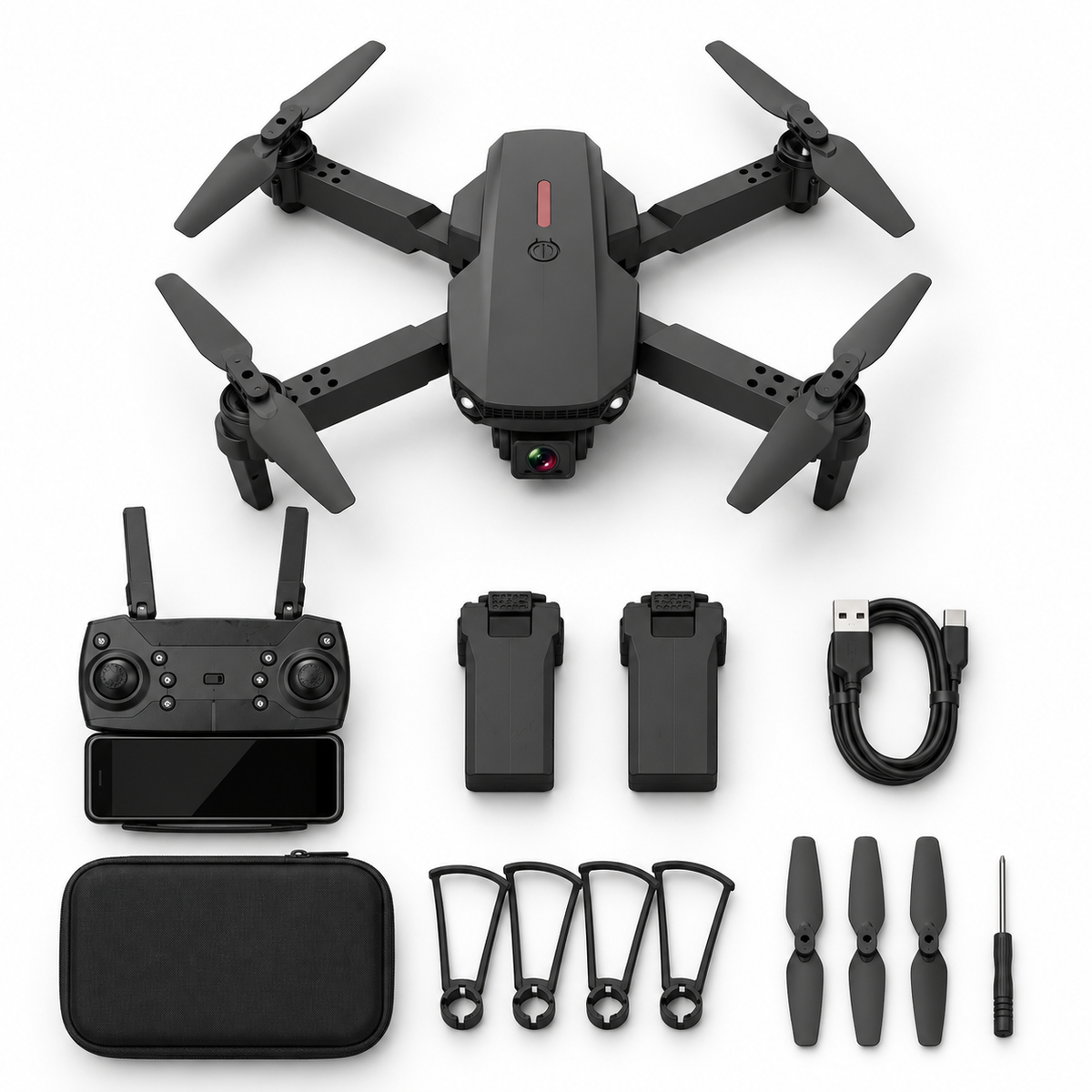 Dron plegable con doble cámara NEXOsens: contenido completo del pack con mando controlador, 2 baterías extra, 4 hélices de recambio, protectores, cable USB de carga, destornillador y estuche de transporte acolchado