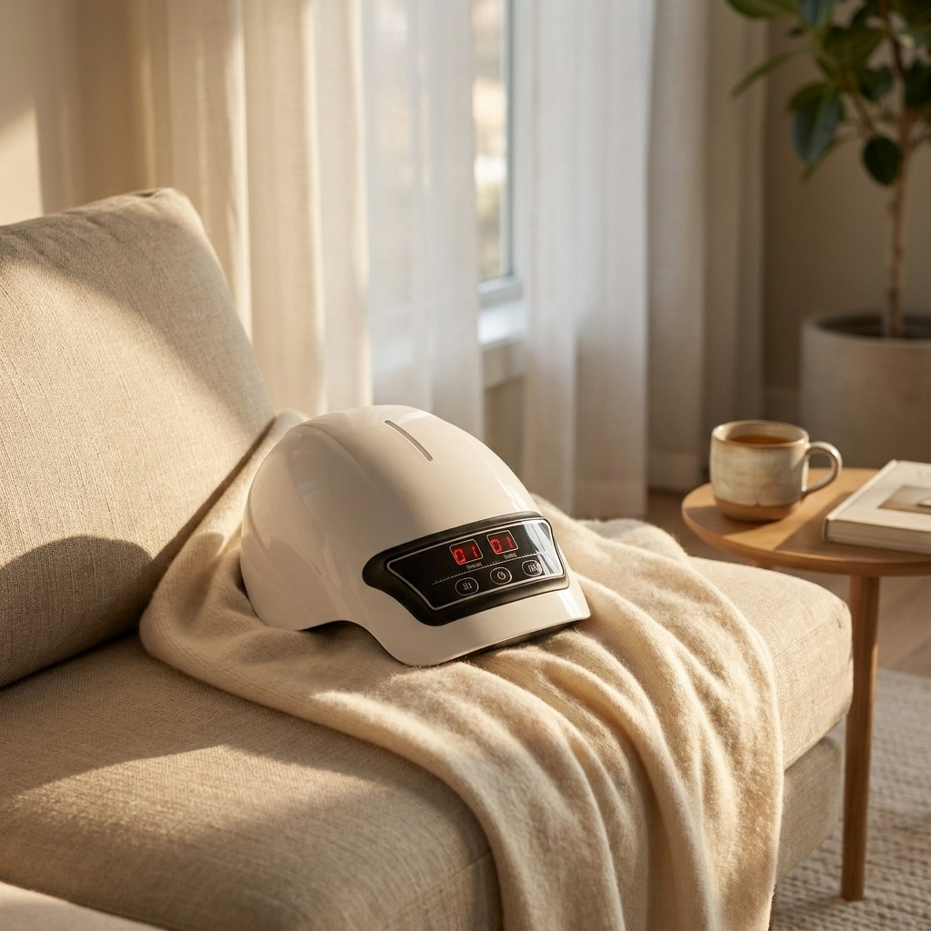 Masajeador ergonómico NEXOsens sobre sofá con manta de algodón y luz cálida