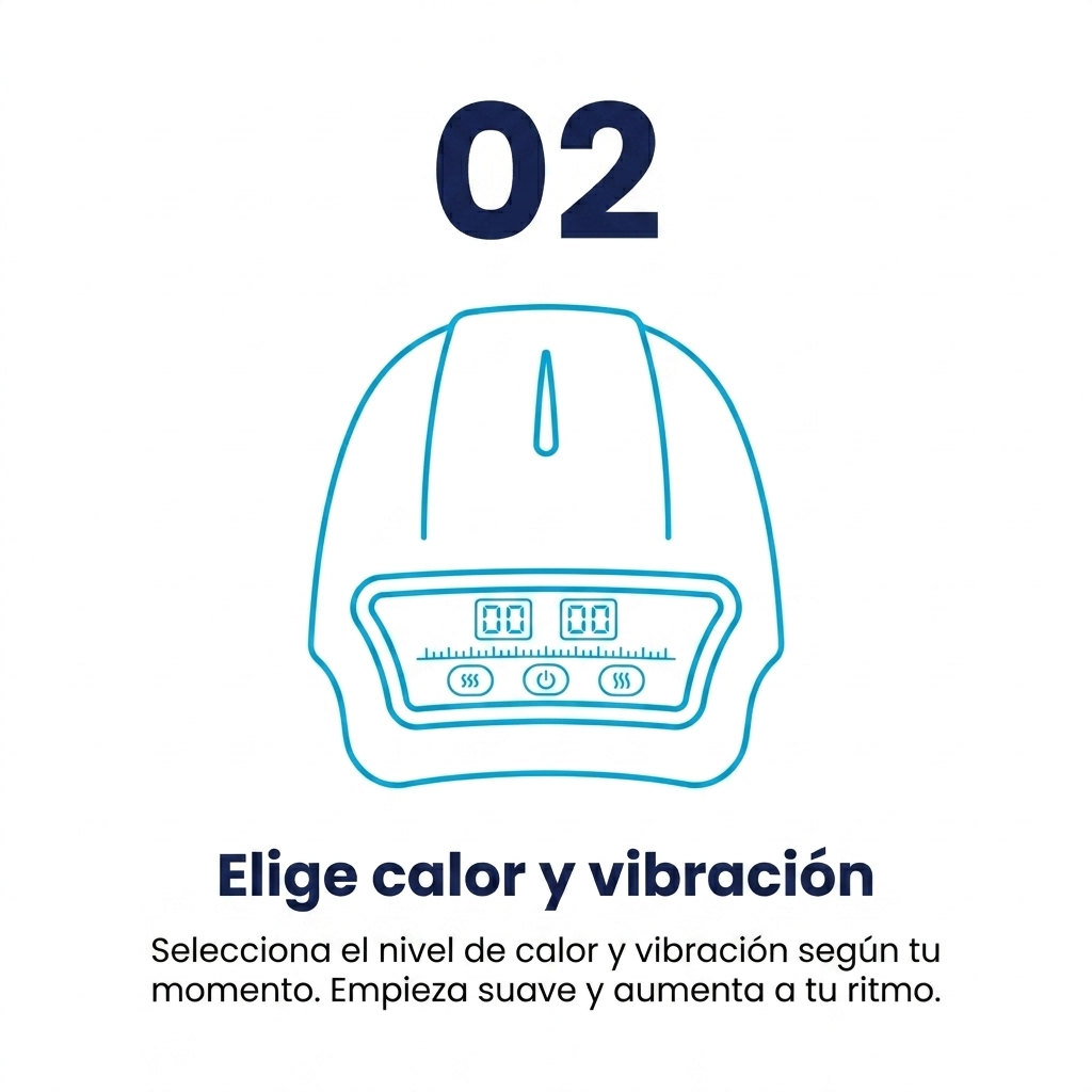 Icono del panel de control del masajeador con indicadores de calor y vibración.
