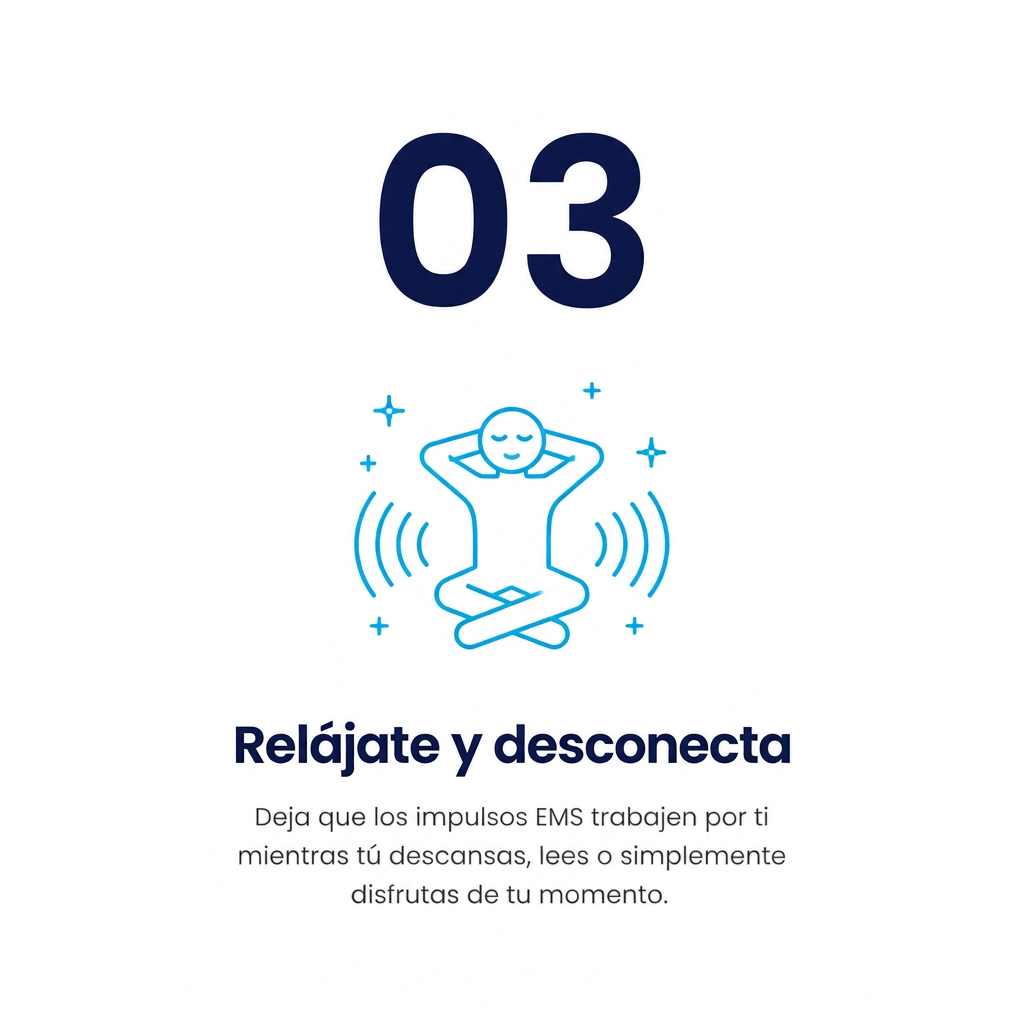 Icono de una persona relajada en posición de descanso, rodeada de ondas de vibración.