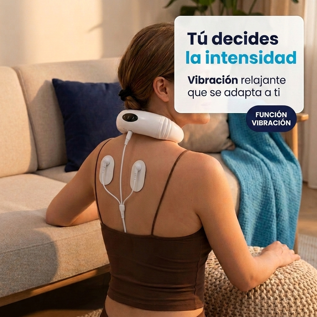 Mujer de espaldas usando el masajeador de cuello NEXOsens con los electrodos conectados por cable a la zona alta de la espalda, en un ambiente relajado de salón.