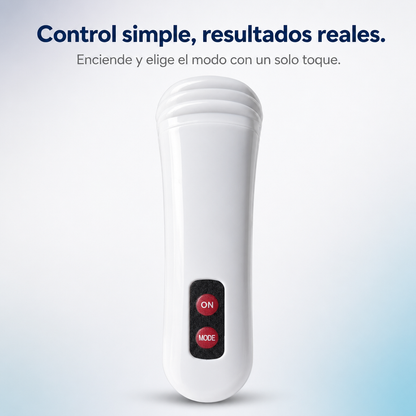 Masajeador de cuello NEXOsens en color blanco, vista frontal mostrando los botones táctiles de encendido y selección de modo