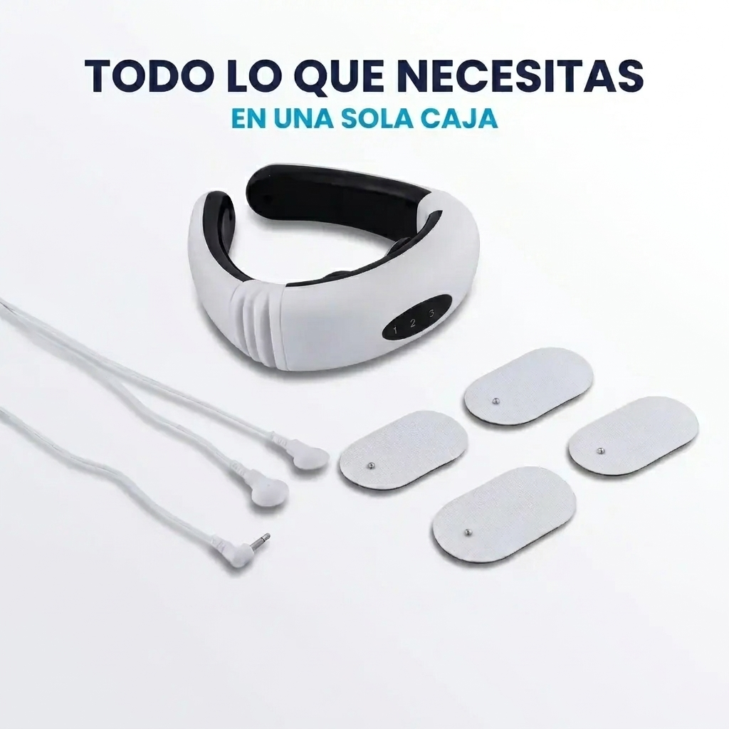 Masajeador de cuello NEXOsens junto a los electrodos y cables incluidos en la caja, mostrando todos los accesorios del paquete.