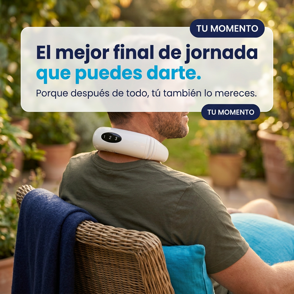 Hombre visto de espaldas usando el masajeador de cuello NEXOsens en un jardín exterior, sentado y relajado tras la jornada.
