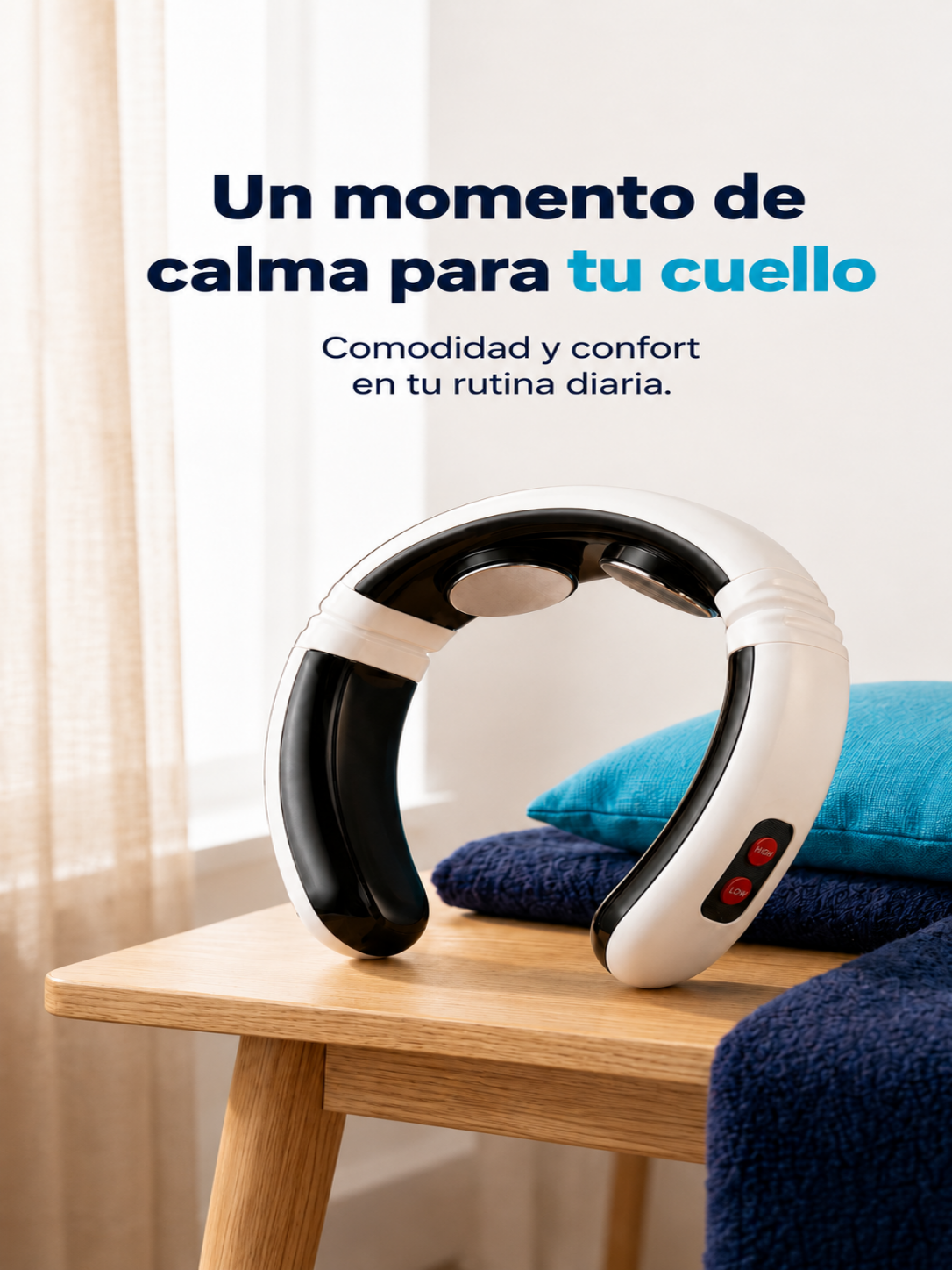 Masajeador de cuello NEXOsens colocado sobre una mesa de madera junto a cojines azules, en un ambiente cálido y luminoso