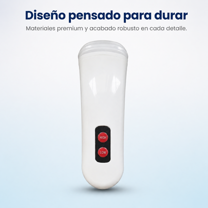 Masajeador de cuello NEXOsens en color blanco, vista frontal mostrando los botones de intensidad HIGH y LOW.