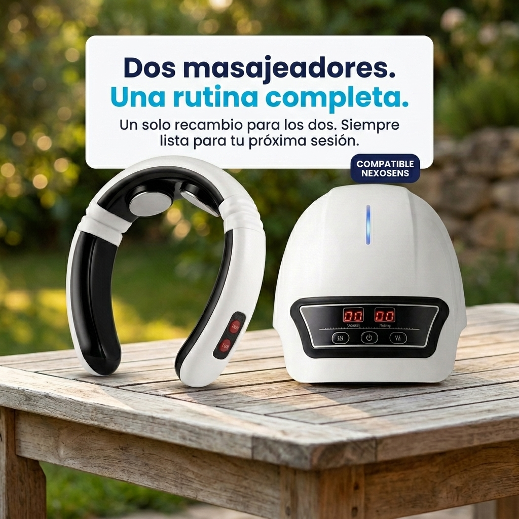 Masajeador de cuello y masajeador de rodilla NEXOsens colocados juntos sobre una mesa exterior, mostrando la compatibilidad del pack de parches con ambos dispositivos.