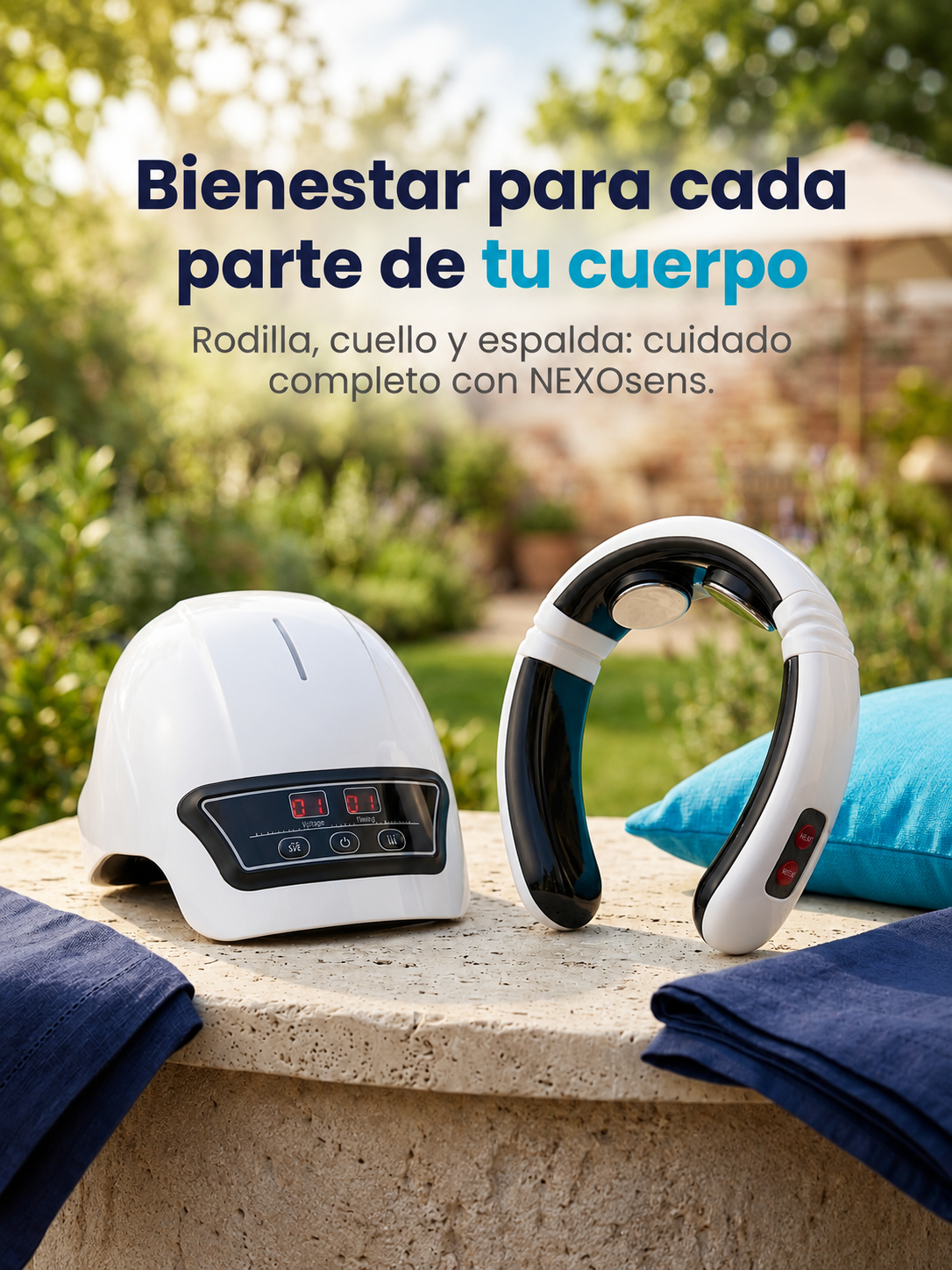 Masajeador de rodilla y masajeador de cuello NEXOsens colocados juntos sobre un muro de piedra en un jardín, mostrando la gama de productos de bienestar NEXOsens
