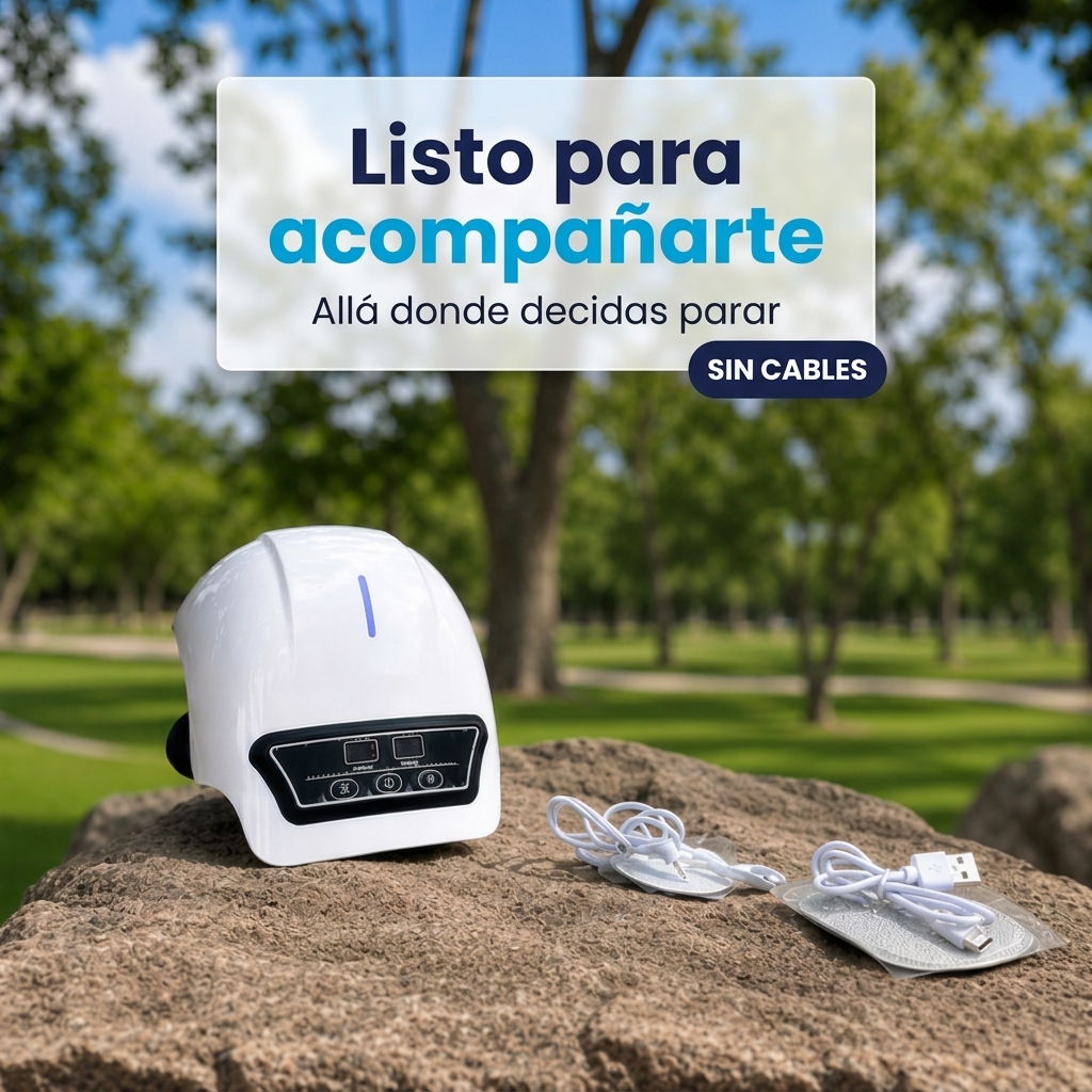 Masajeador de rodilla NEXOsens junto al cable USB de carga incluido, colocado sobre una roca en un parque.