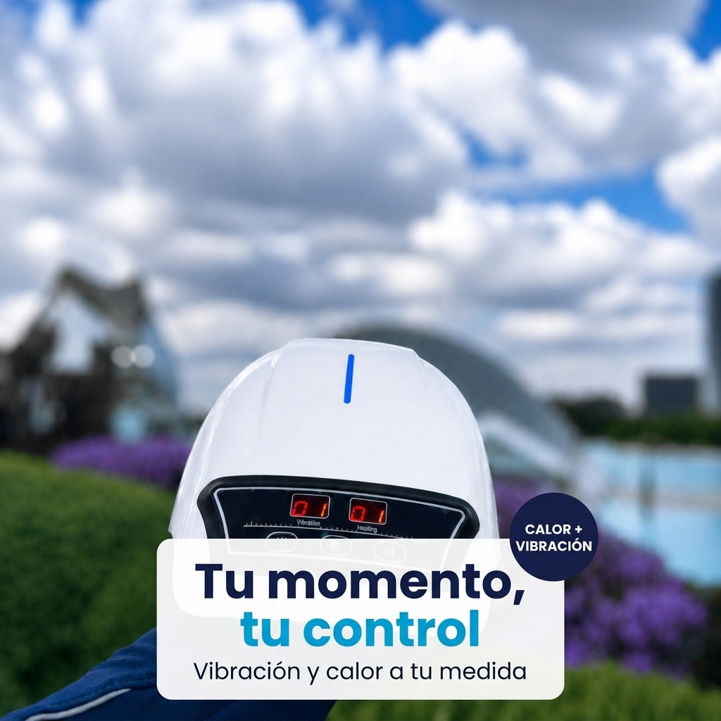 Masajeador de rodilla NEXOsens sobre una superficie exterior, con las funciones de calor y vibración activas.