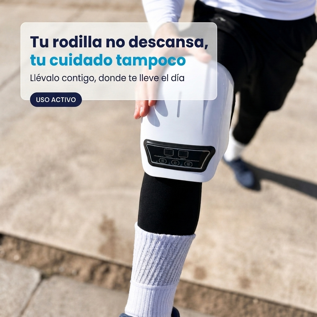 Persona corriendo al aire libre con el masajeador de rodilla NEXOsens sujeto a la pierna mediante banda ajustable.