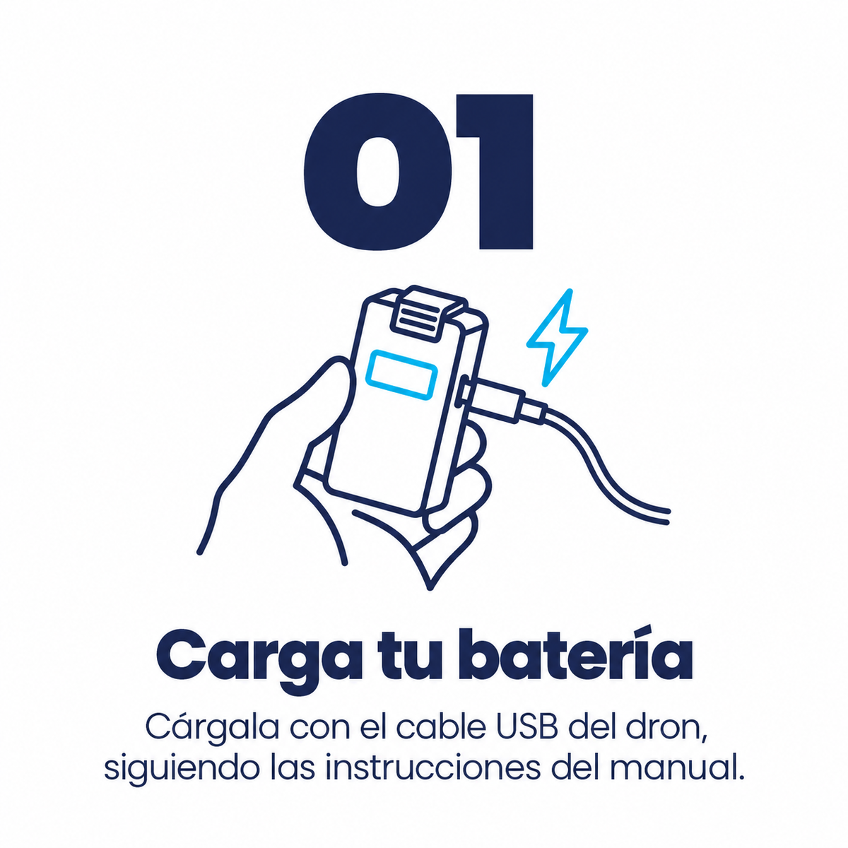 Ilustración del paso 1: una mano sostiene la batería del dron conectada a un cable USB para cargarla