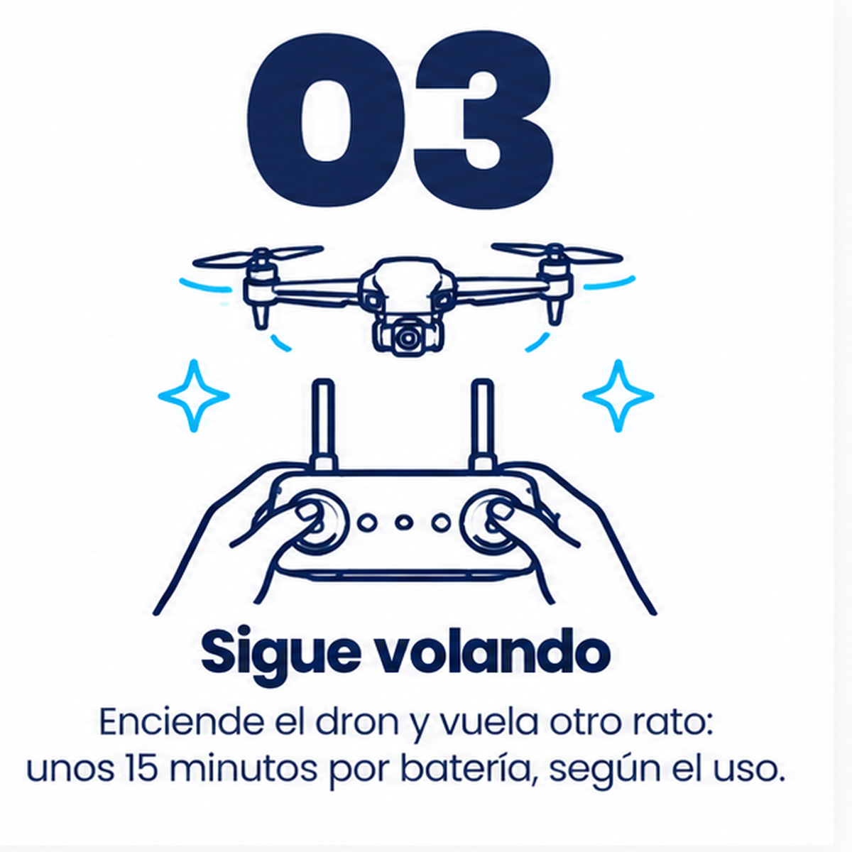 Ilustración del paso 3: manos con un mando a distancia y un dron en el aire con destellos alrededor