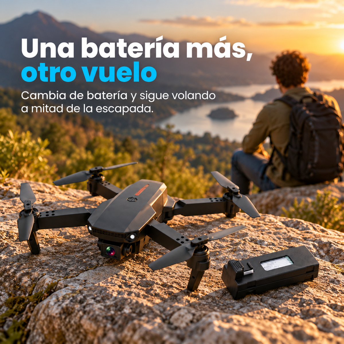 Dron plegable negro y una batería extra sobre una roca, con un excursionista con mochila mirando un lago al atardecer