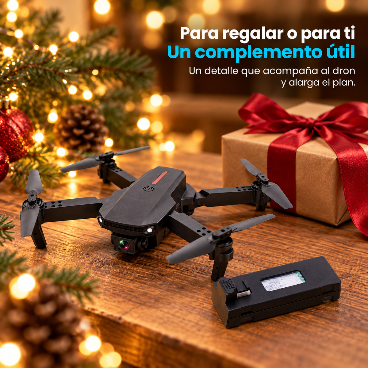 Dron plegable negro con una batería extra junto a un regalo con lazo rojo, sobre una mesa de madera con luces de Navidad