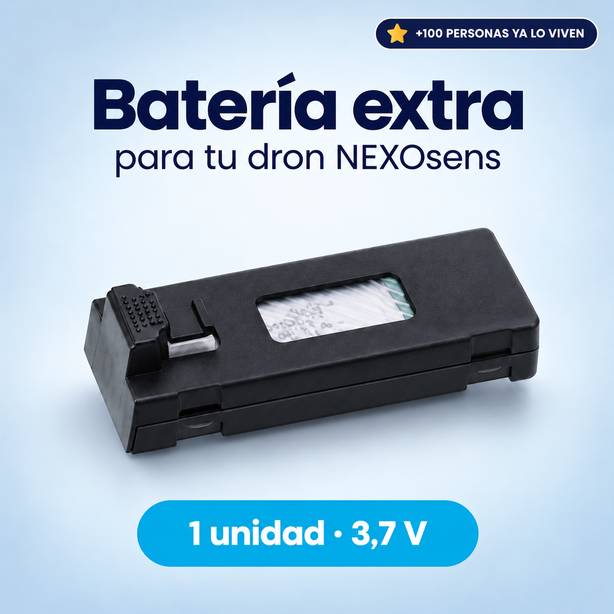 Batería extra negra de 3,7 V para dron plegable NEXOsens, una unidad, sobre fondo azul claro
