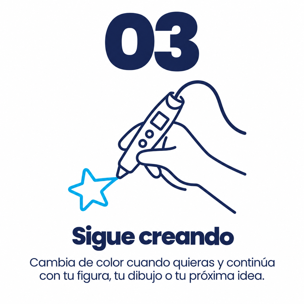 Ilustración del paso 3 que muestra una mano utilizando un Bolígrafo 3D para dibujar una estrella, cambiar de color y continuar creando figuras tridimensionales