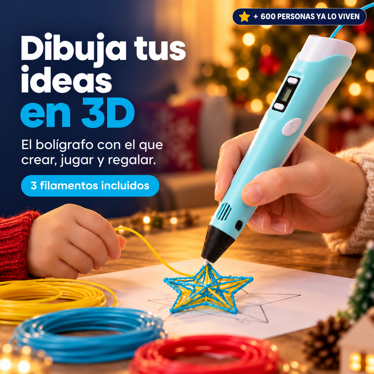 Imagen principal del Bolígrafo 3D NEXOsens, diseñado para crear figuras tridimensionales y desarrollar la creatividad, con indicador de personas en la esquina superior derecha