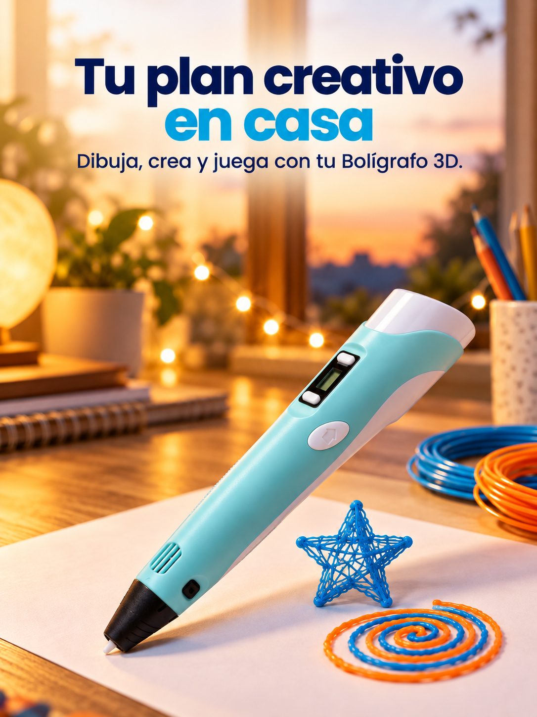 Bolígrafo 3D turquesa con pantalla digital junto a una estrella y una espiral de filamento azul y naranja, con el texto "Tu plan creativo en casa"