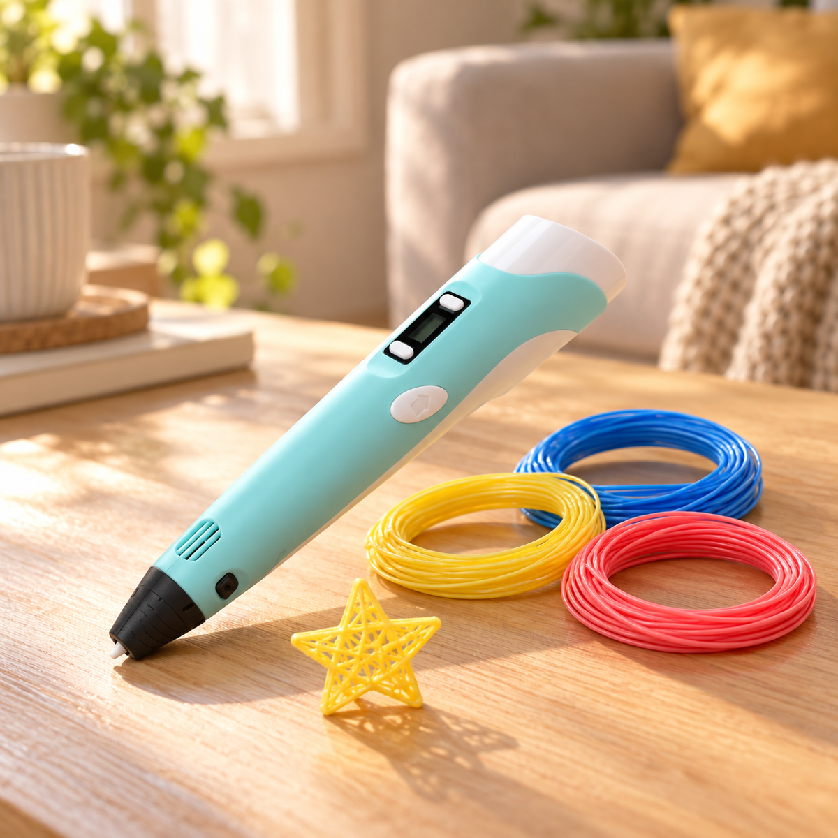 Bolígrafo 3D NEXOsens de color turquesa acompañado de tres rollos de filamento PLA azul, amarillo y rojo, junto a una estrella tridimensional amarilla sobre una mesa de madera en un salón acogedor