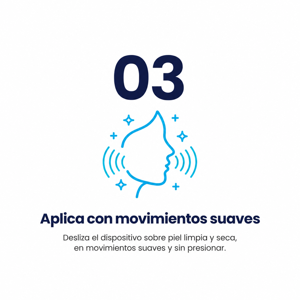 Icono de rostro con ondas de vibración — paso 3, aplica con movimientos suaves, Succionador de Poros NEXOsens
