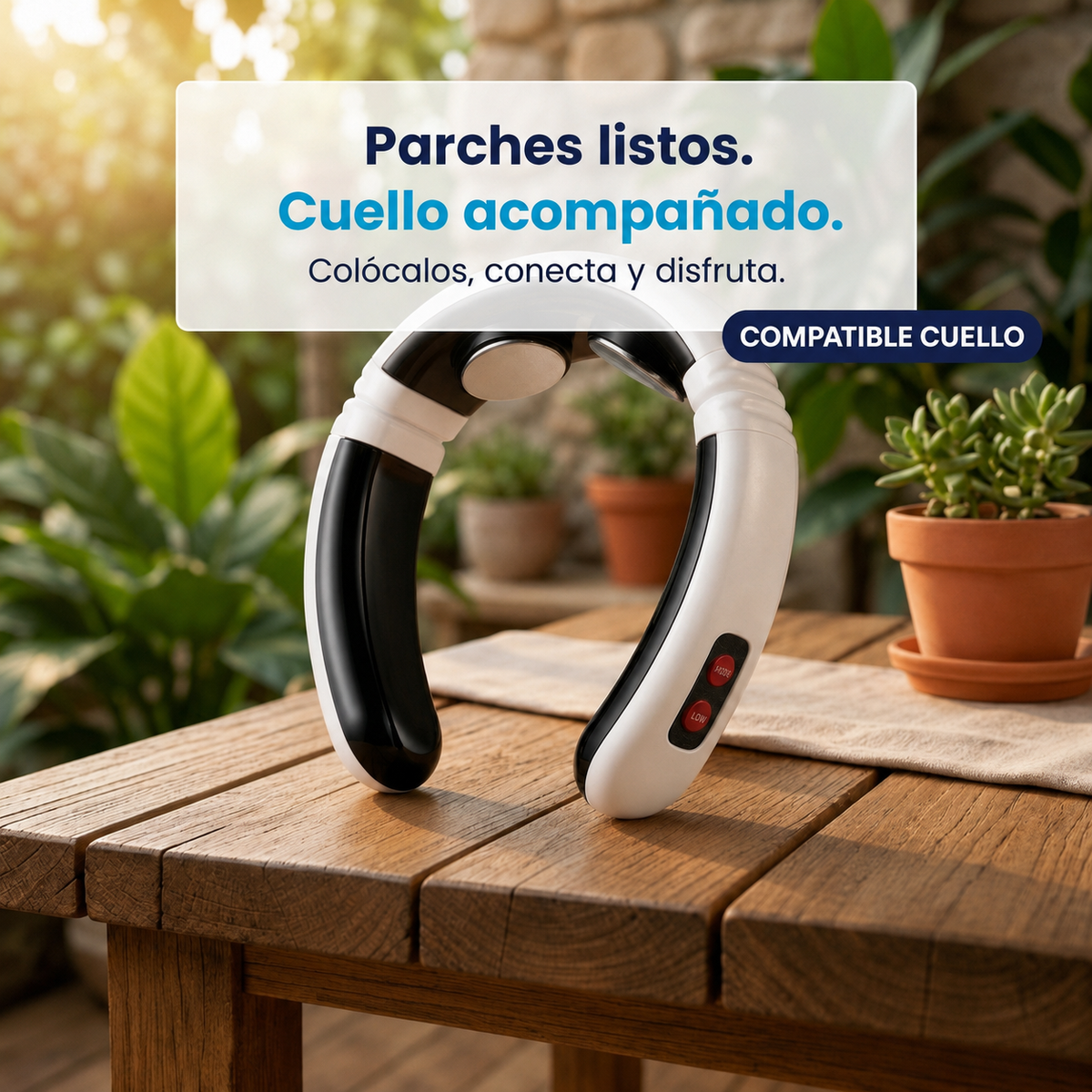 Masajeador de Cuello y Espalda NEXOsens sobre mesa de madera en un jardín — parches compatibles listos para su uso — Pack de Parches NEXOsens