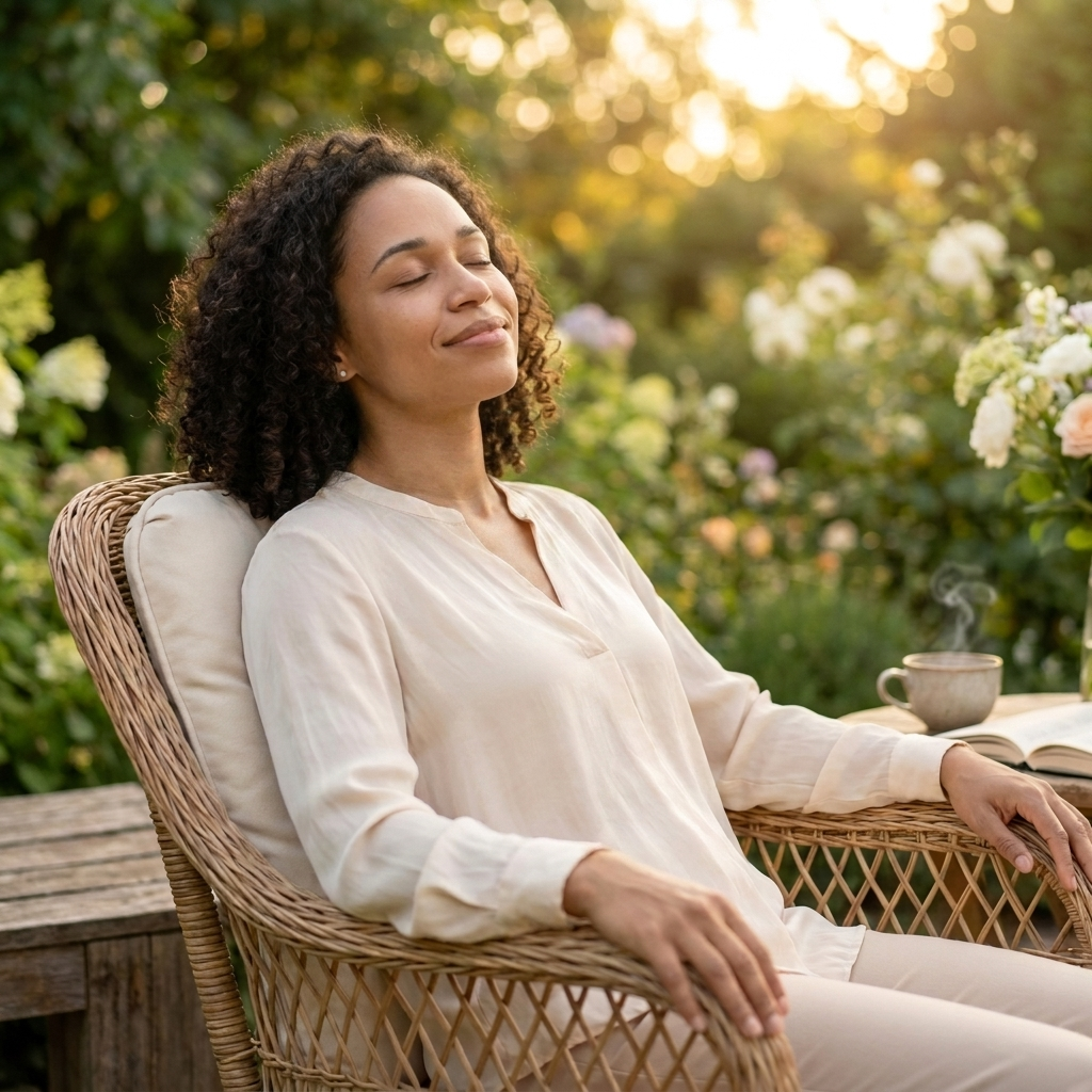 Mujer sentada relajada en una silla de mimbre en un jardín al atardecer, con una taza de café humeante y expresión de calma — Masajeador de Cuello y Espalda NEXOsens