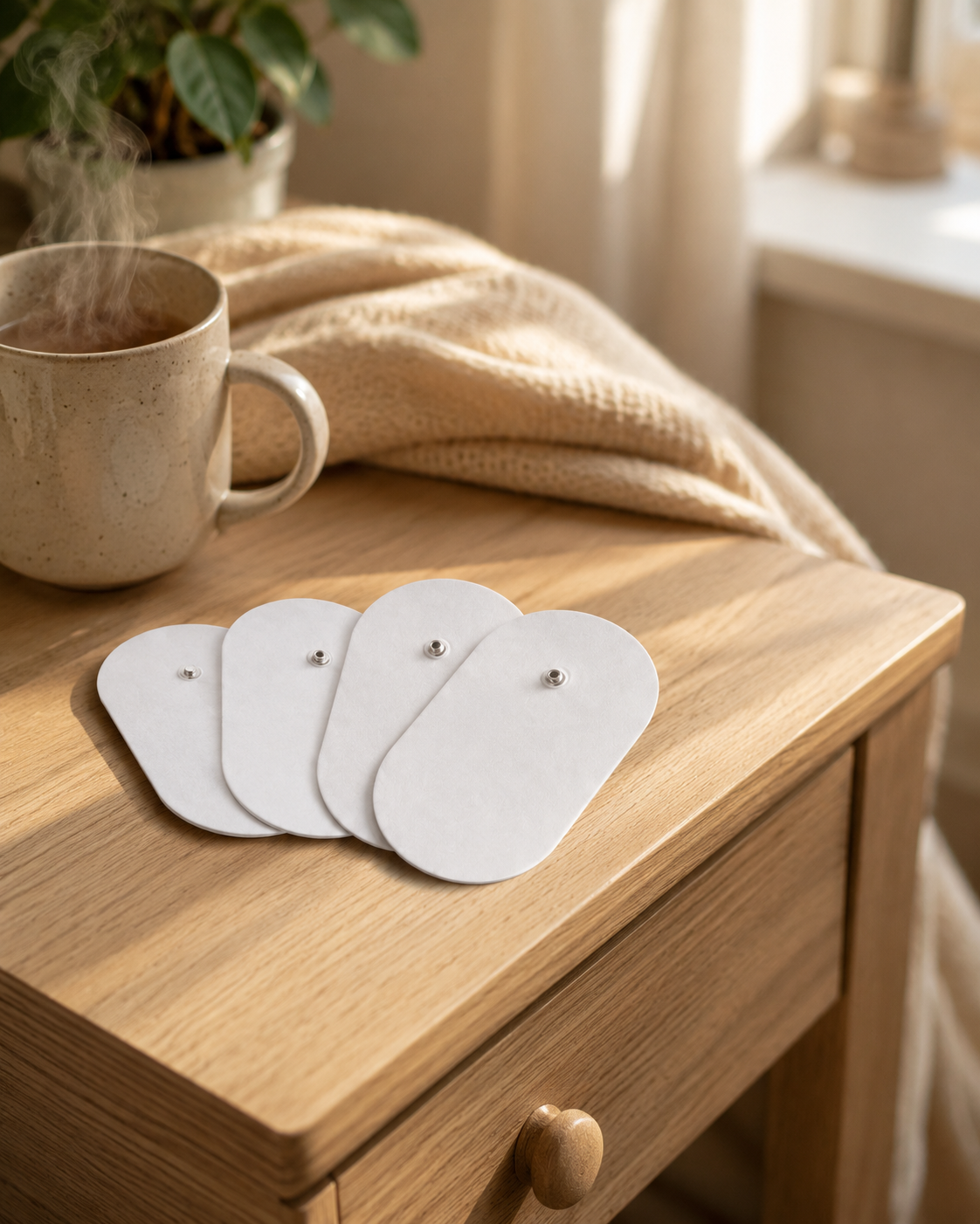 Pack de parches NEXOsens colocado sobre una mesita de madera junto a una taza de café humeante en un hogar cálido — listo para no interrumpir tu rutina — Pack de Parches NEXOsens