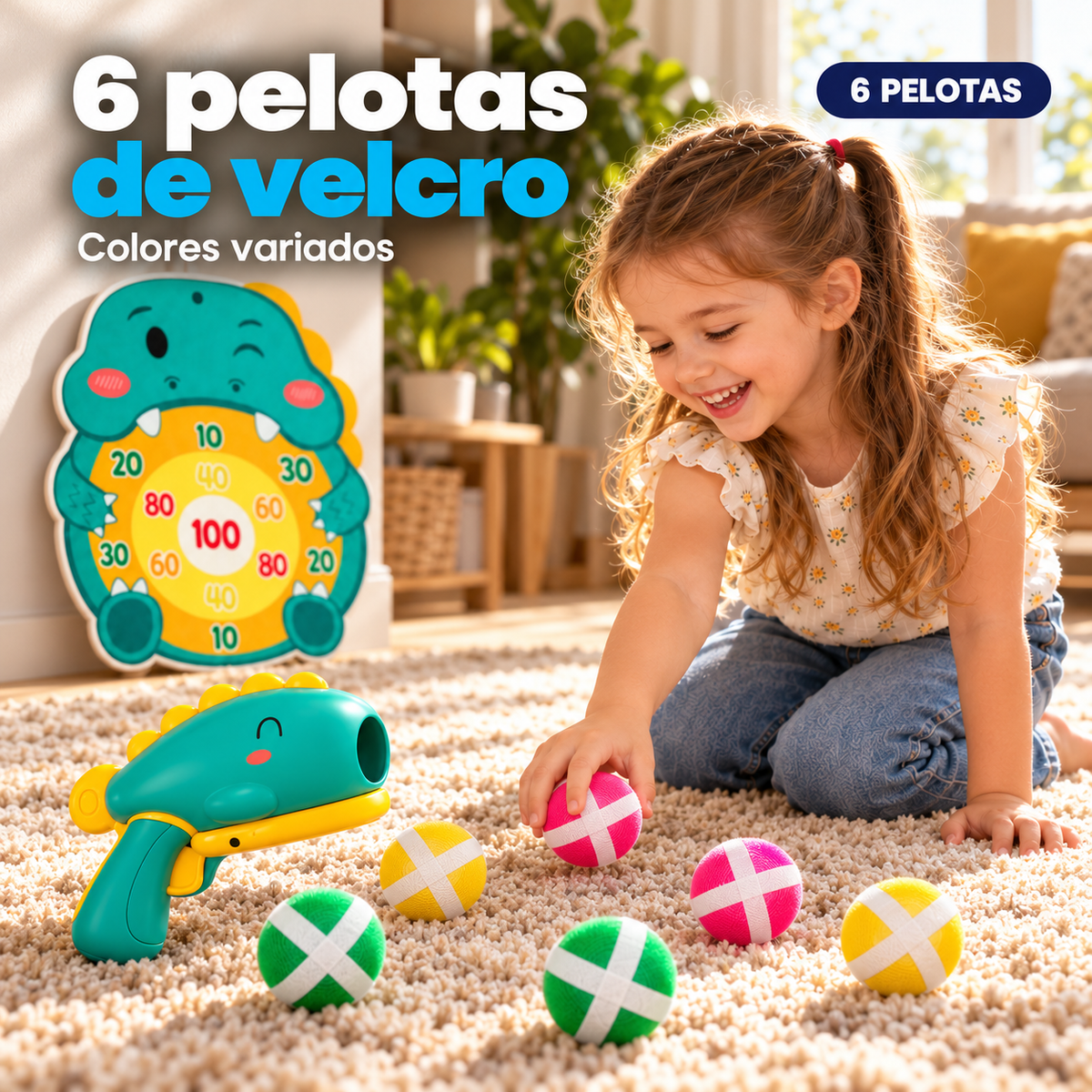 Niña en la alfombra con 6 pelotas de velcro de colores, el lanzador y la diana de dinosaurio
