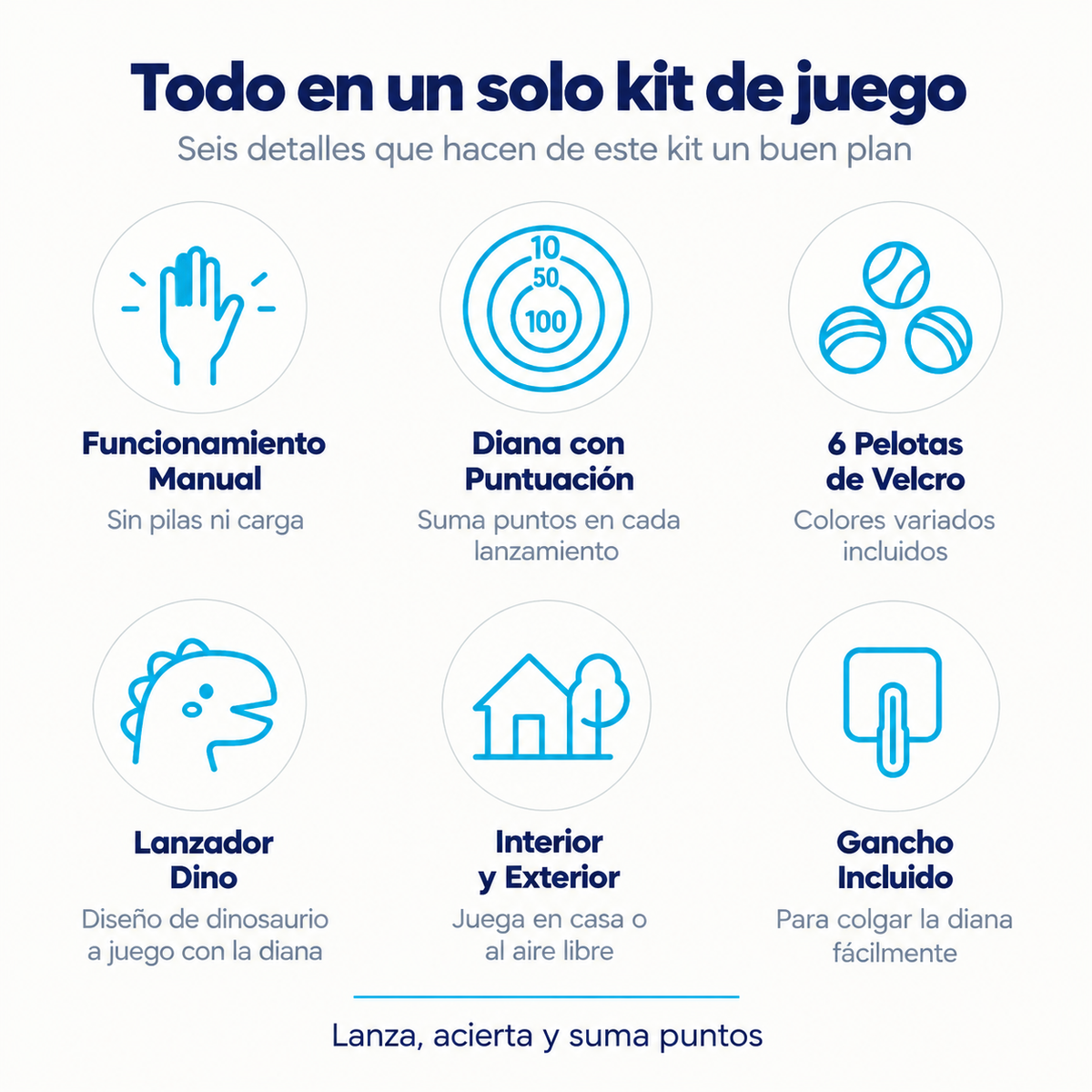 Resumen de las características de la diana Dino: lanzador manual, diana con puntuación, pelotas de velcro, sin pilas y gancho adhesivo