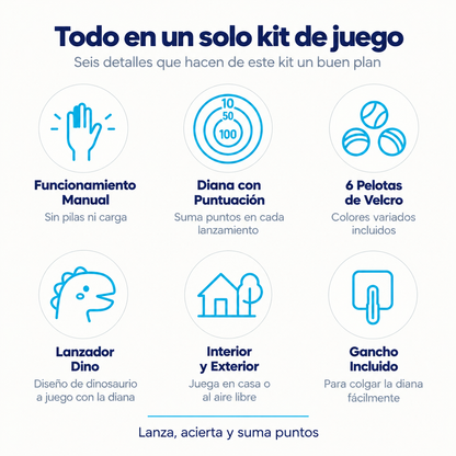 Resumen de las características de la diana Dino: lanzador manual, diana con puntuación, pelotas de velcro, sin pilas y gancho adhesivo