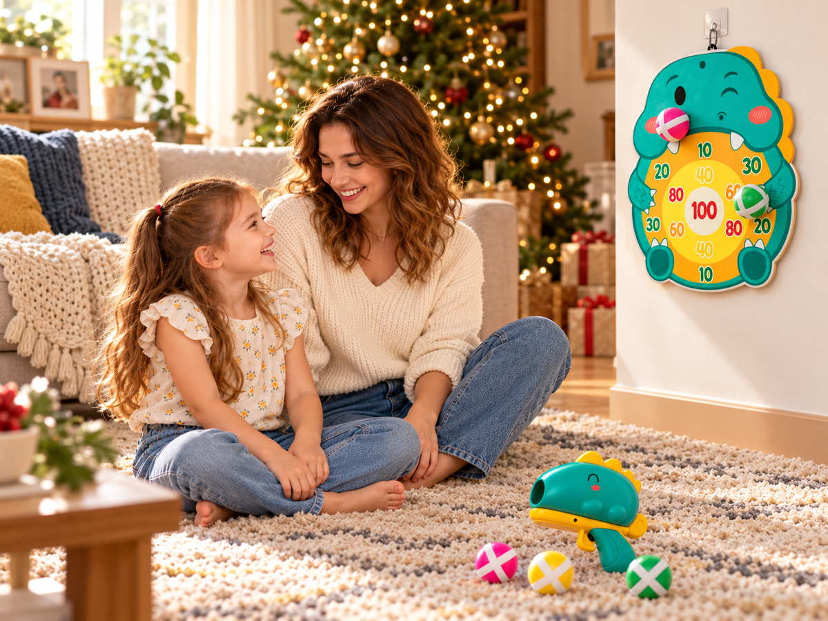 Madre e hija sonriendo en el salón junto a la diana de dinosaurio y el lanzador, en un ambiente navideño