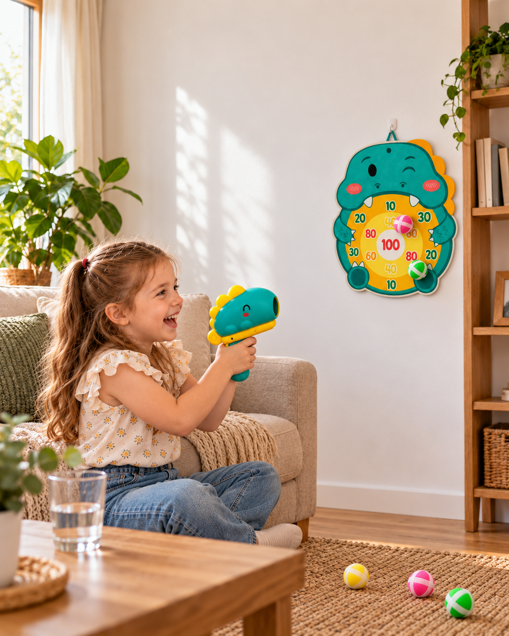 Niña jugando en el salón con la diana de dinosaurio colgada en la pared