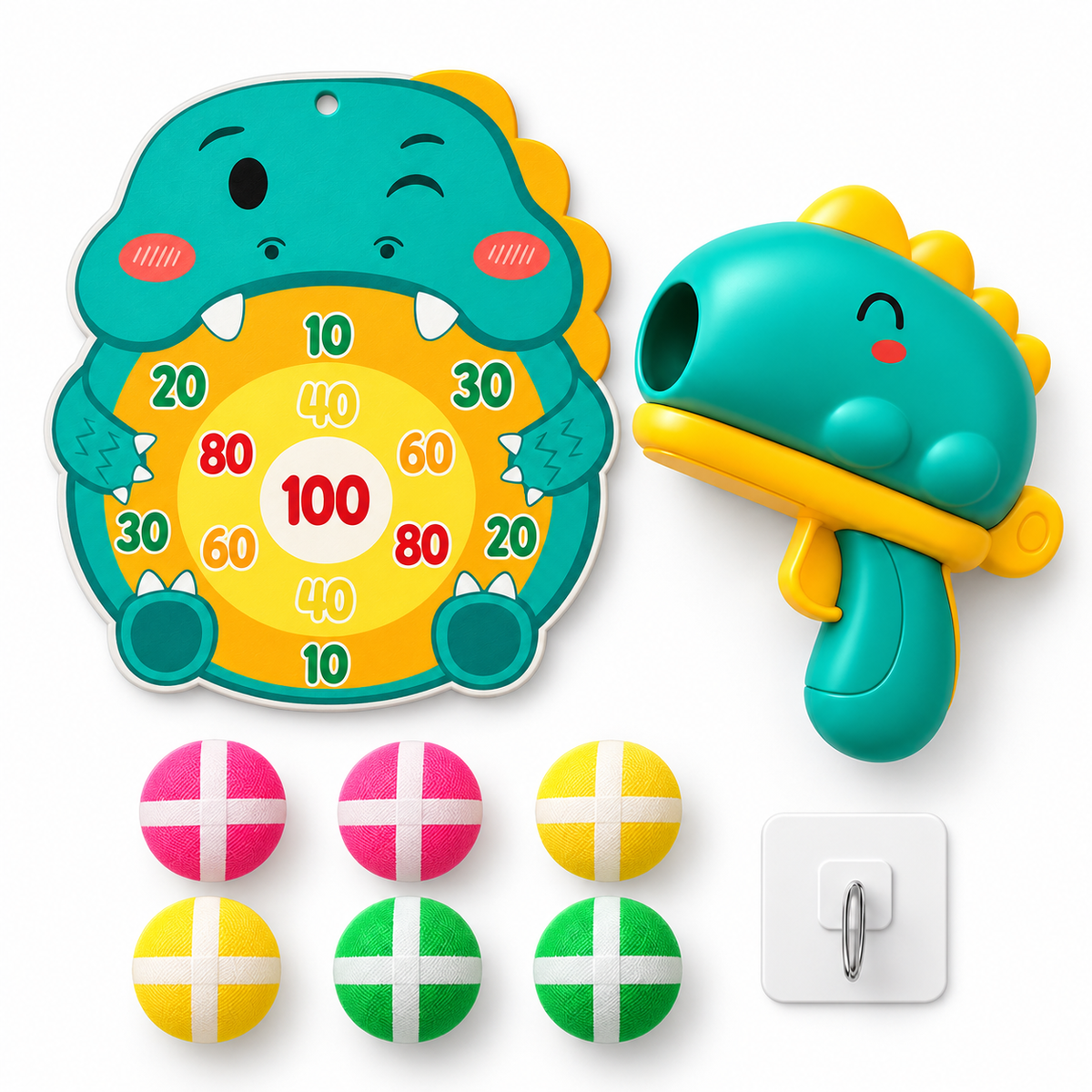 Kit completo: diana de dinosaurio, lanzador, 6 pelotas de velcro y gancho adhesivo sobre fondo blanco