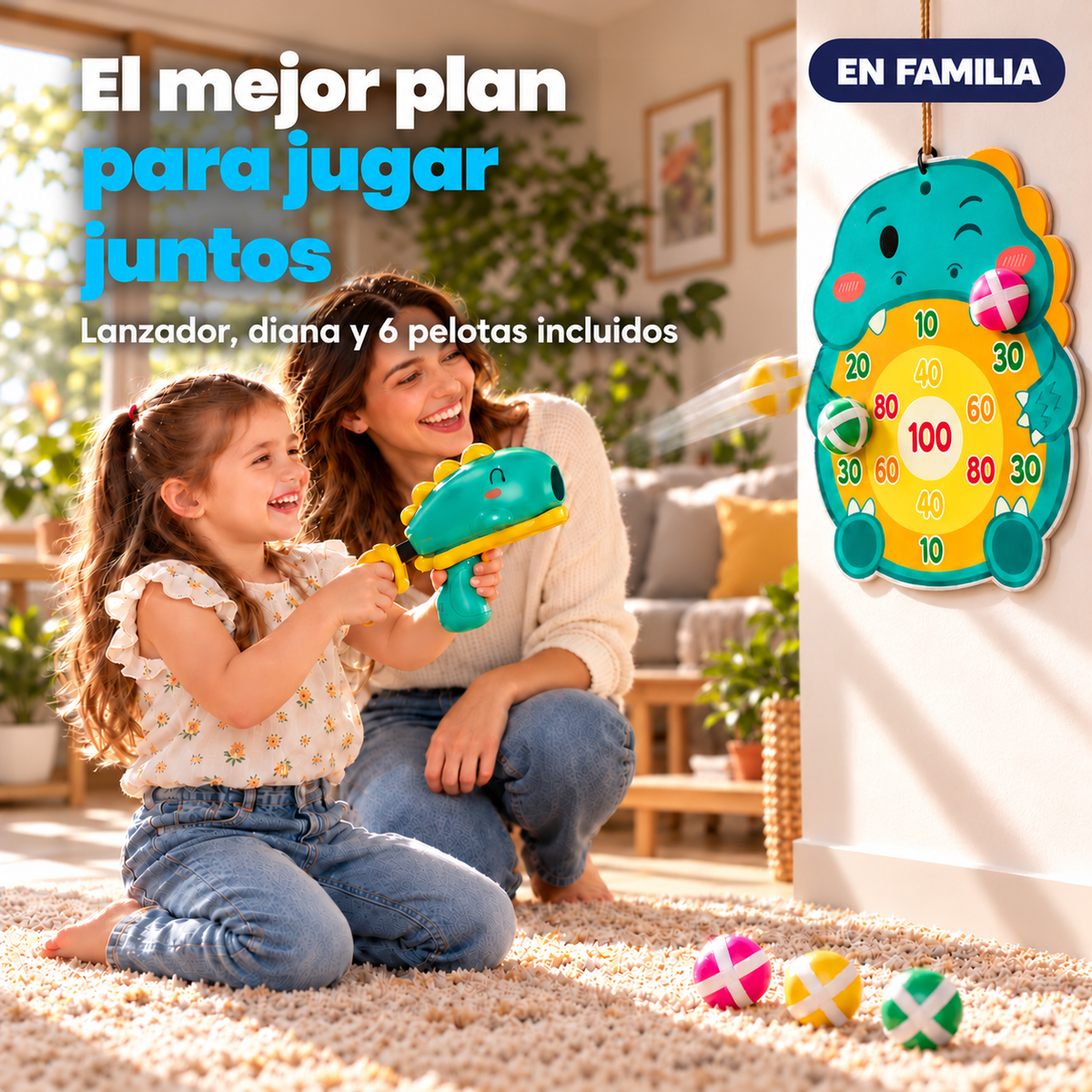 Madre e hija jugando en el salón con el lanzador y la diana de dinosaurio