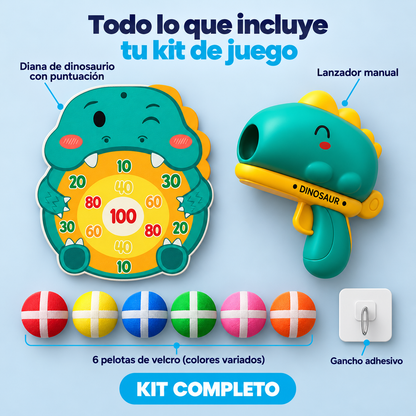 Contenido del kit: diana de dinosaurio, lanzador manual, 6 pelotas de velcro y gancho adhesivo