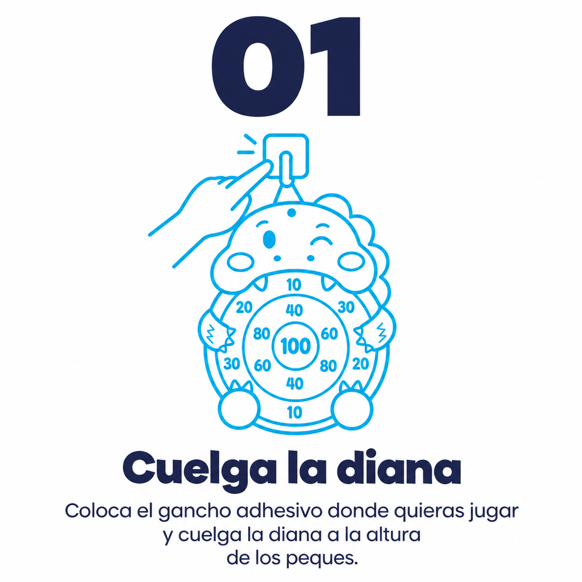 Paso 1: una mano pega el gancho adhesivo y cuelga la diana de dinosaurio