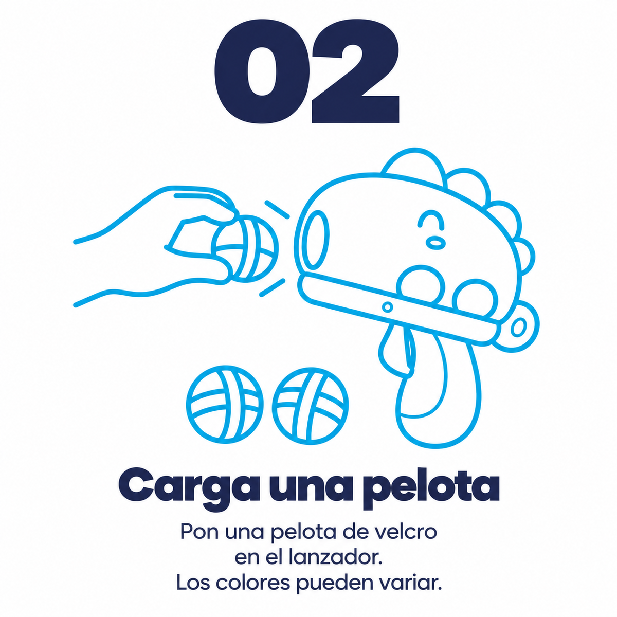 Paso 2: una mano coloca una pelota de velcro en el lanzador con forma de dinosaurio