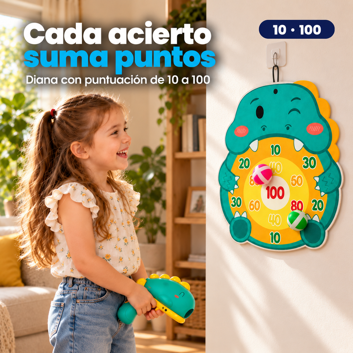 Niña junto a la diana de dinosaurio con puntuación de 10 a 100 y pelotas pegadas