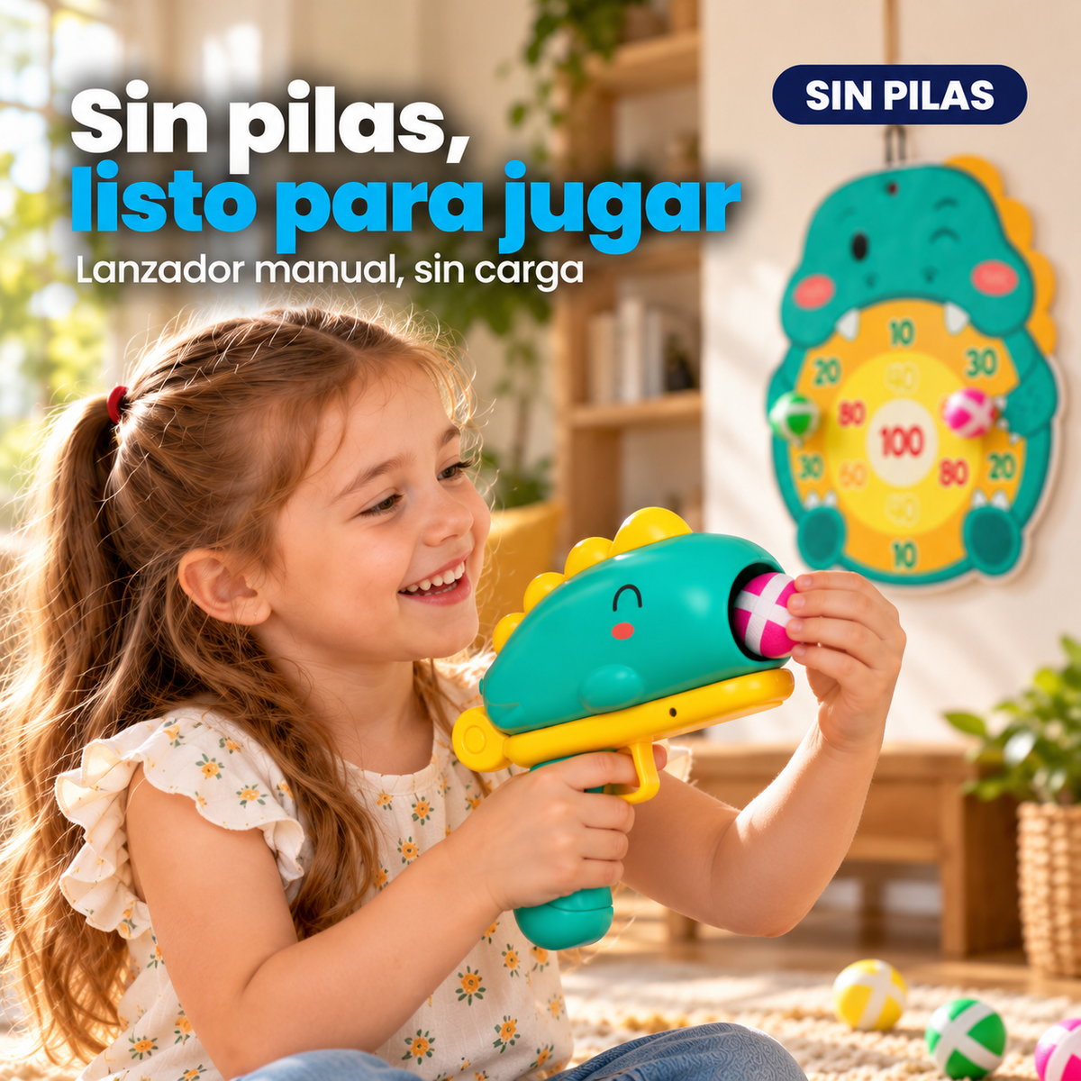 Niña colocando una pelota de velcro en el lanzador de dinosaurio, sin pilas