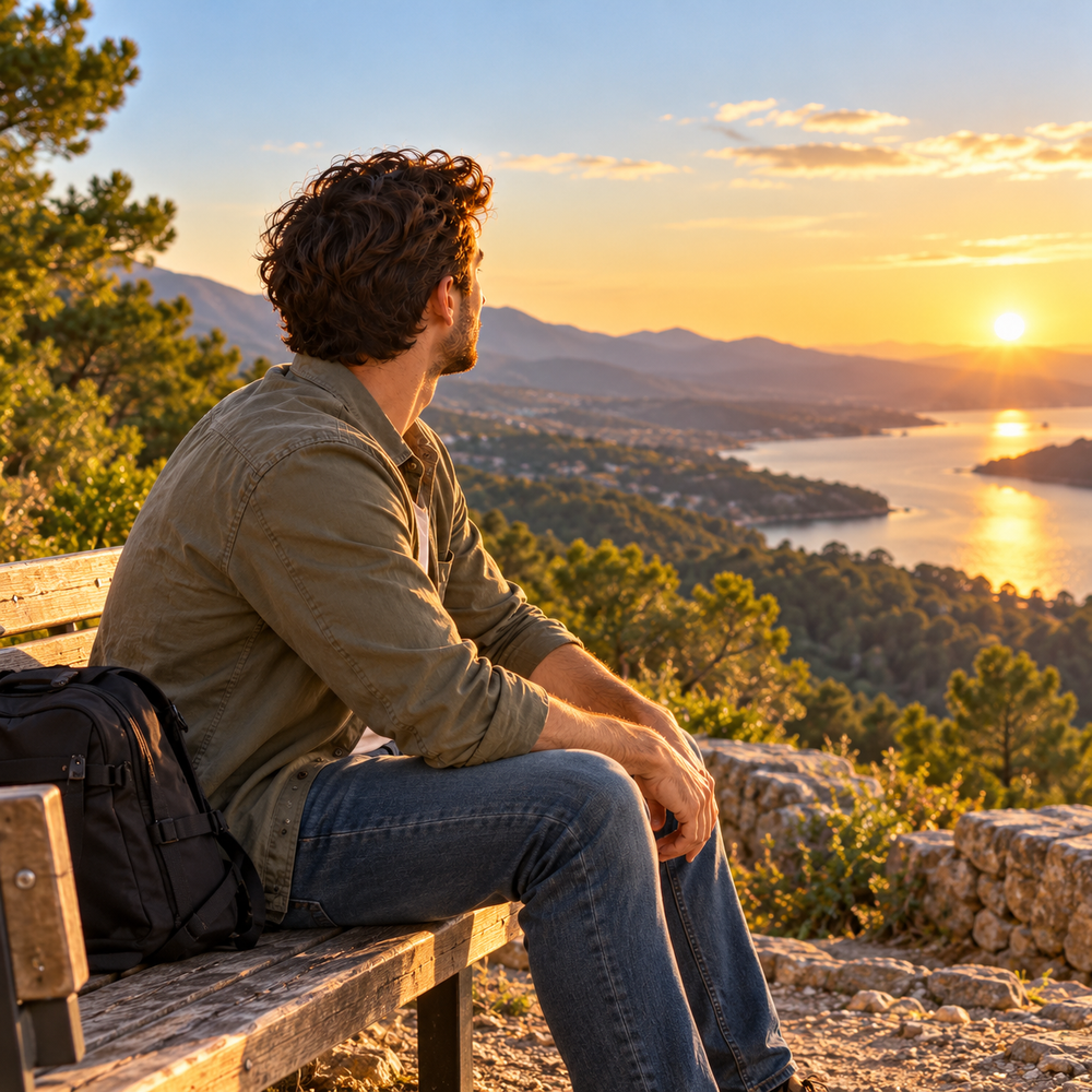 Hombre sentado en un banco de un mirador mirando el paisaje al atardecer, con una mochila a su lado
