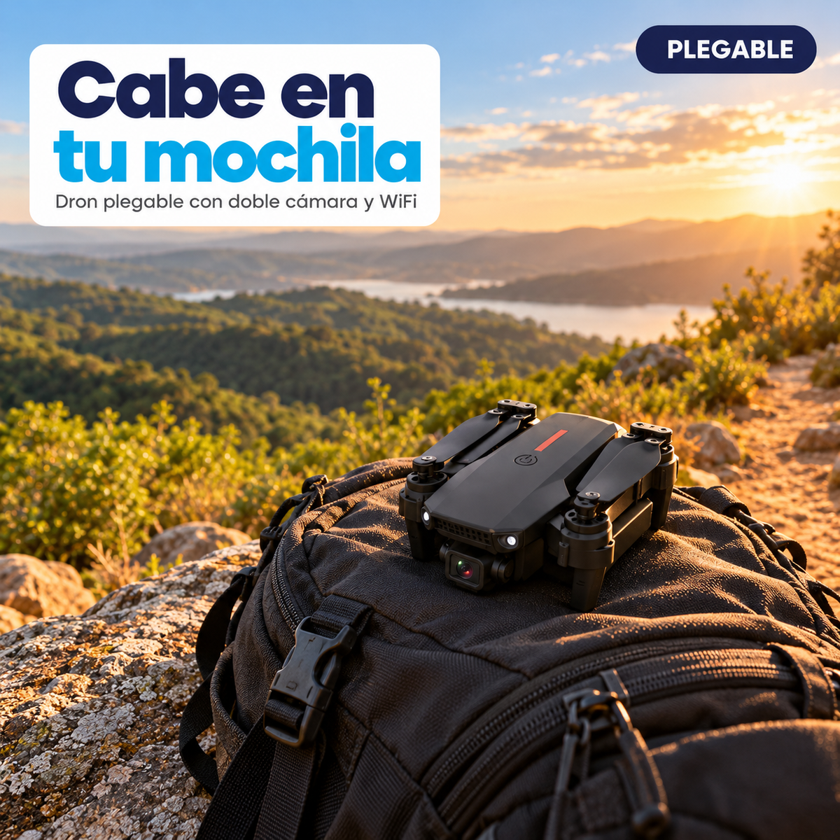 Dron plegable negro sobre una mochila con un paisaje de colinas y un lago al fondo