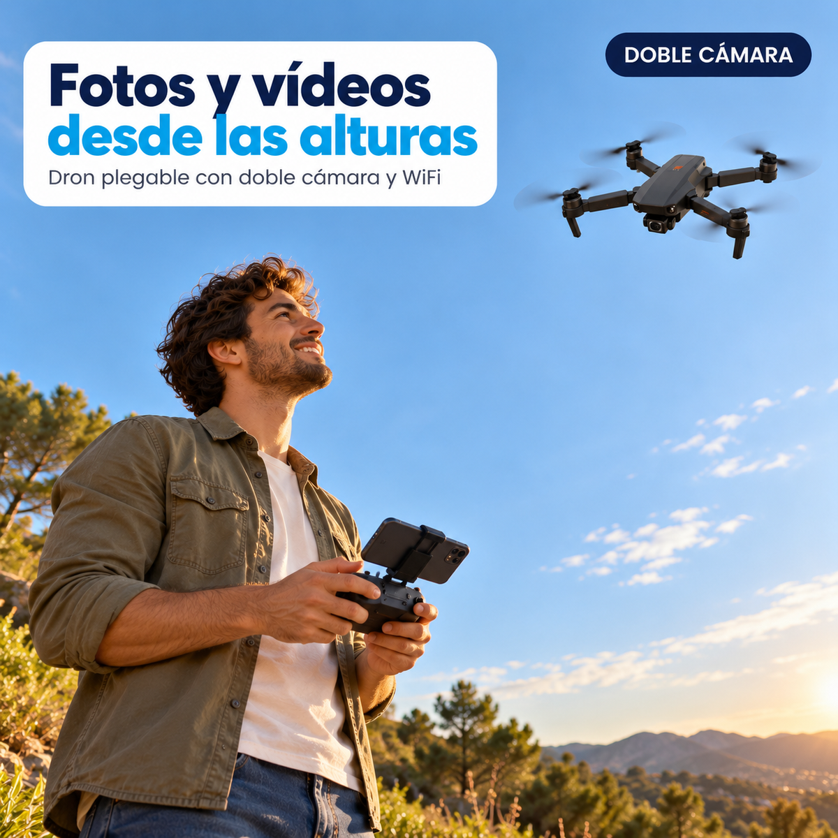 Hombre con el mando de un dron plegable mirando al cielo sobre unas colinas al atardecer