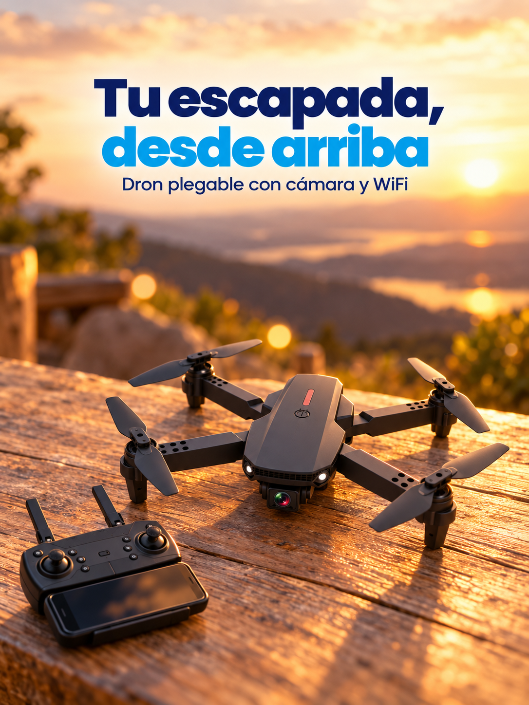 Dron plegable negro con cámara y mando a distancia sobre una superficie de madera al atardecer, con colinas al fondo