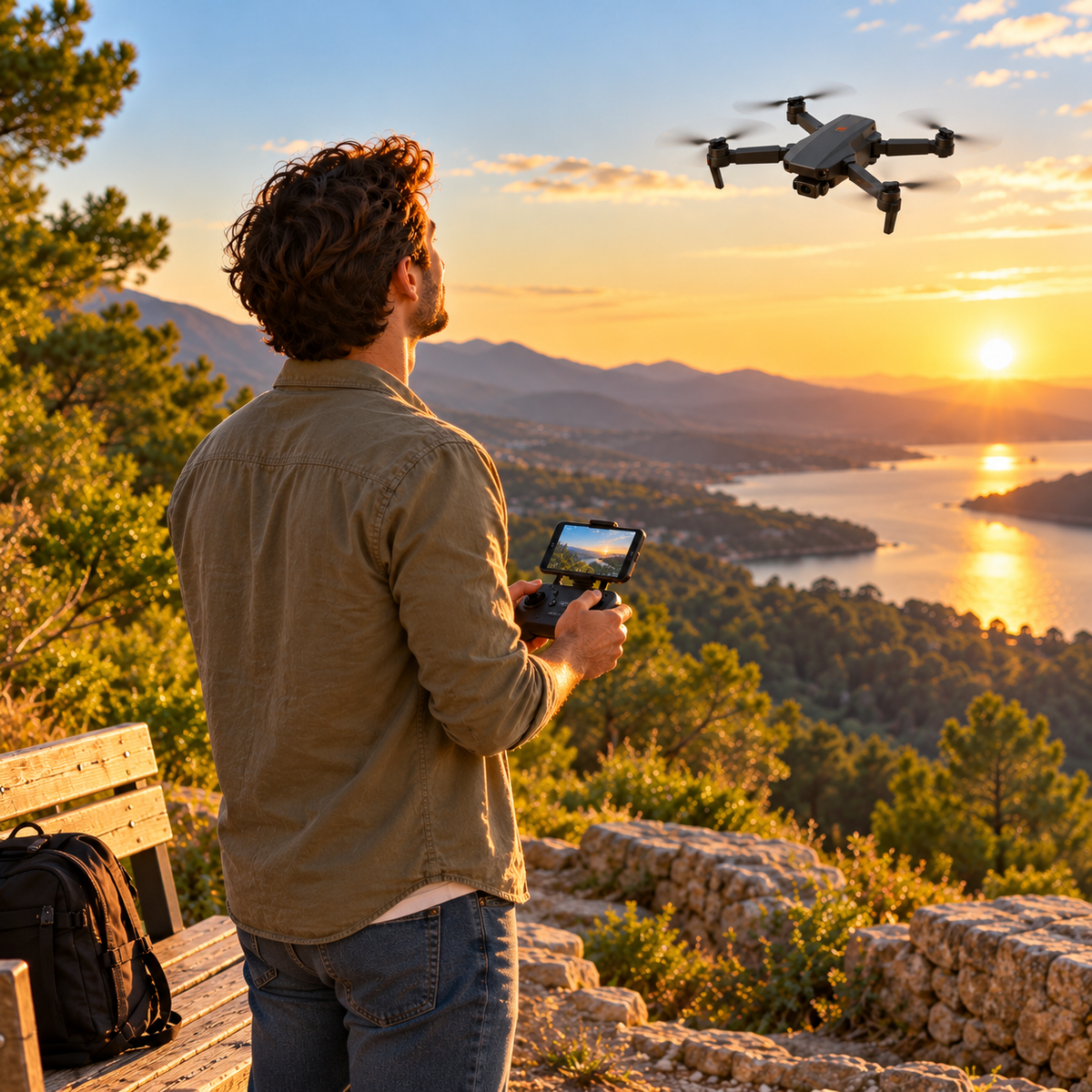 Hombre con el mando de un dron plegable y un móvil acoplado, mirando cómo vuela sobre un lago al atardecer, junto a un banco con mochila