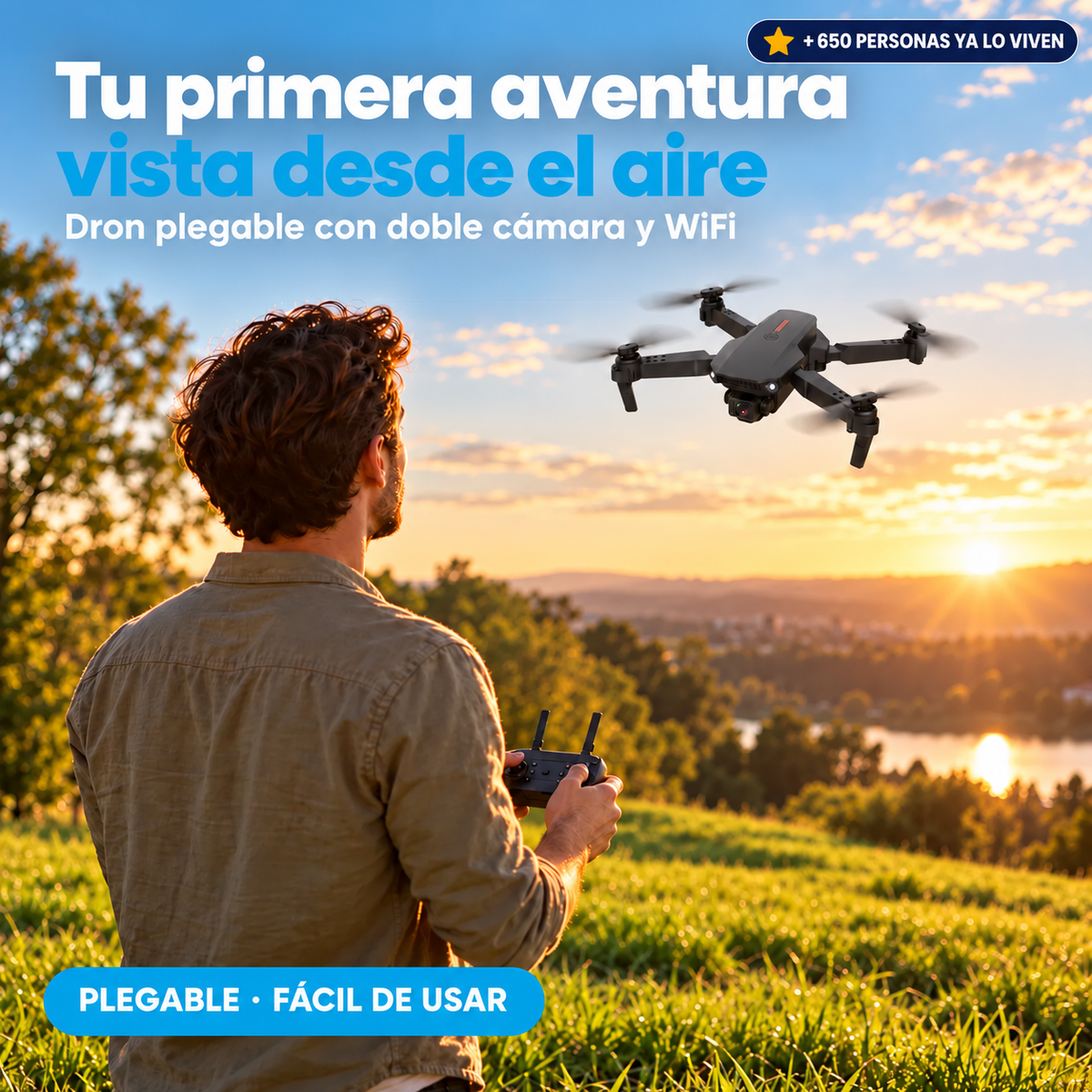 Hombre de espaldas con el mando de un dron plegable, mirando cómo vuela sobre un prado al atardecer
