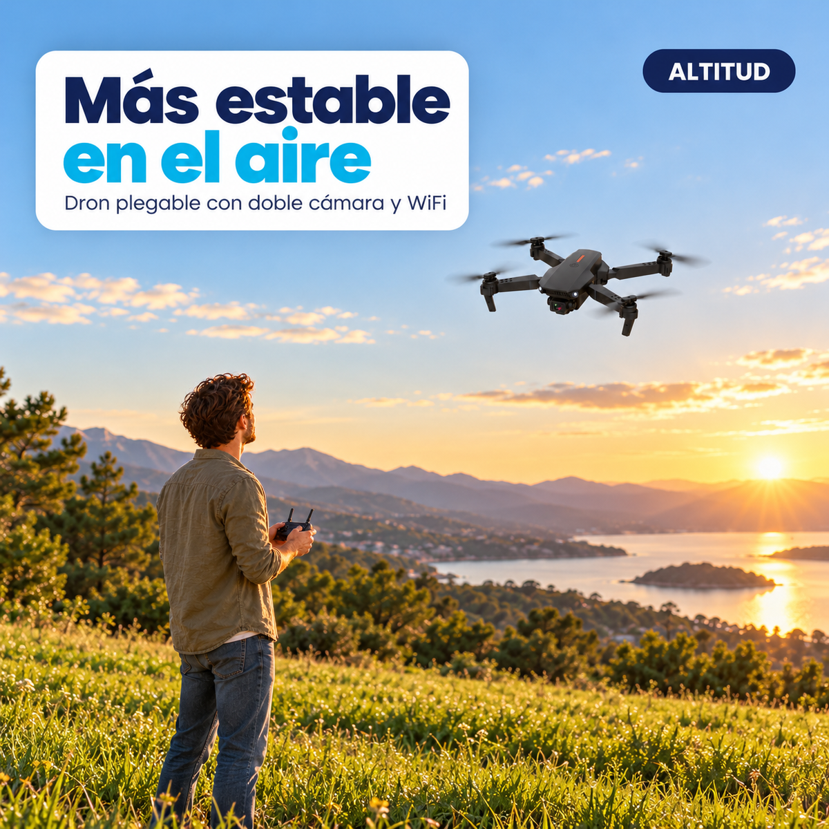 Dron plegable volando estable sobre un paisaje de colinas y lago, con un hombre con el mando a lo lejos